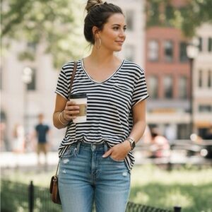 Free People Black & White Striped Tee | Raw Hem Pocket Top